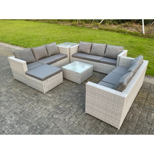 Fimous Light Grey Lounge Outdoor PE Rattan Garden Furniture Set Wicker Sofa Set Square Coffee Table Side Table Footstool