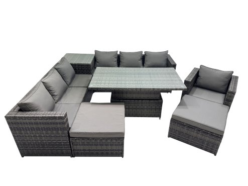 Fimous 9 Seater Outdoor Corner Sofa Height Adjustable Rising Lifting Table Set Garden Rattan Furniture Set with Side Table 2 Big Stool Dark Grey