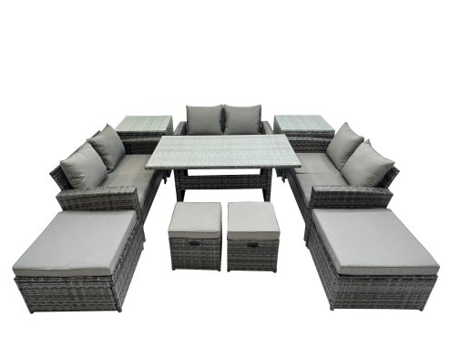 Fimous 10 Seater Wicker PE Rattan Furniture Outdoor Dining Table Double Seat Sofa 2 Side Tables 4 Stools Set Dark Grey Mixed