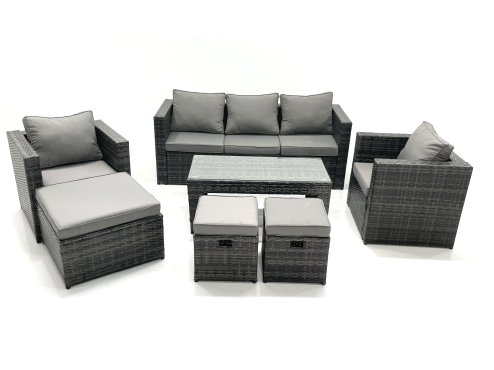Fimous 8 Seater Rattan Garden Furniture Set Outdoor Lounger Sofa with Coffee Table 2 Armchair 3 Footstools Dark Grey Mixed