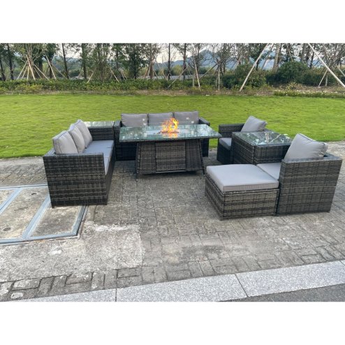 Fimous Outdoor Rattan Garden Furniture Gas Fire Pit Dining Table Sets Gas Heater Lounge Chairs Side Tables Dark Mixed Grey 9 Seater