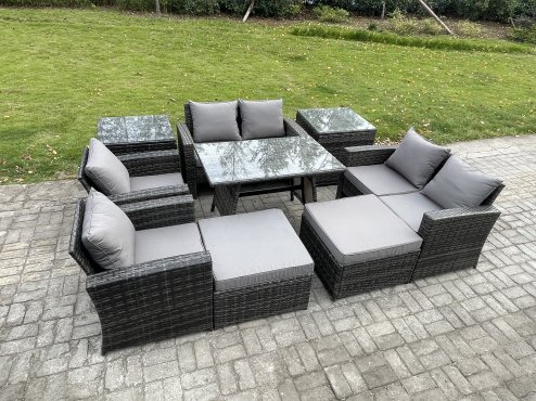 Fimous Garden Furniture Sets 9 Pieces Wicker Rattan Furniture Manual Wicker Patio Sofa Patio Conversation Set with 2 Big Footstool 2 Side Tables Dark Grey Mixed