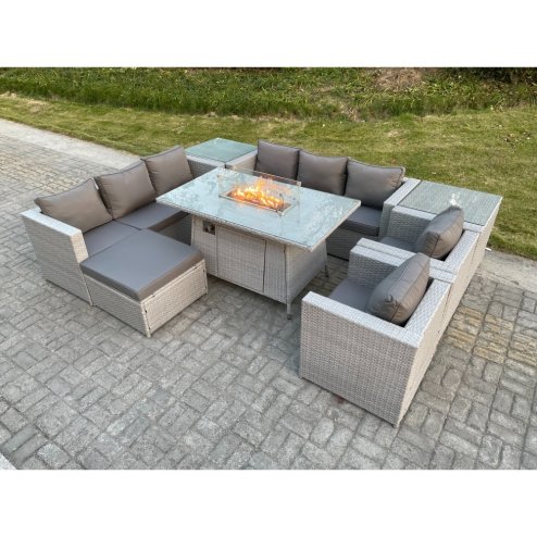 Fimous Light Grey Rattan Fire Pit Garden Furniture Set Gas Heater Burner Lounge Sofa Dining Set 2 Coffee Table Chairs Footstool