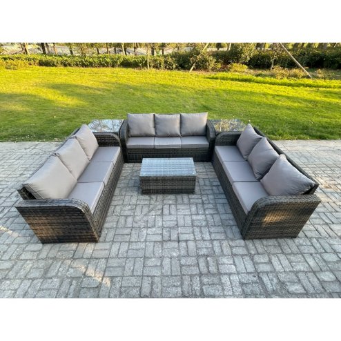 Fimous Rattan Lounge Sofa Set 9 Seater Outdoor Garden Furniture Set with Rectangular Coffee Table 3 Seater Sofa 2 Side Tables Dark Grey Mixed
