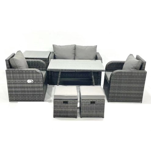 Fimous Outdoor Garden Furniture Set Rattan Sofa Dining Table Set with Reclining Chair Side Table 2 Small Footstool Dark Grey Mixed