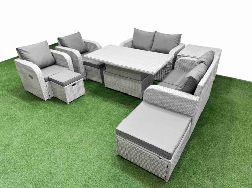 Fimous 9 Seater Outdoor Reclining Chair Love Sofa Set Rattan Garden Furniture Set with Adjustable Lifting Dining or Coffee Table 3 Stools Side Table Light Grey
