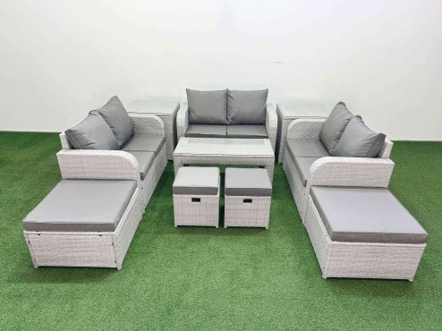 Fimous PE Wicker Rattan Furniture Sofa Sets with Oblong Coffee Table Love Sofa 4 Stools 2 Side Table Light Grey Mixed