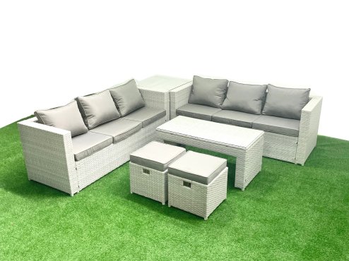 Fimous 8 Seater Garden Outdoor Rattan Furniture Set Rattan Garden Sofa Oblong Coffee Table with 2 Small Footstool Side Table Light Grey Mixed