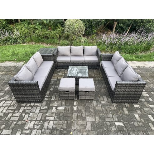 Fimous 11 Seater Outdoor Rattan Garden Furniture Set Patio Lounge Sofa Set with Side Table Square Coffee Table 2 Small Footstool Dark Grey Mixed