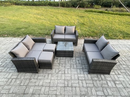 Fimous Outdoor Lounge Sofa Set Wicker PE Rattan Garden Furniture Set with Square Coffee Table Double Seat Sofa 2 Small Footstools Dark Grey Mixed