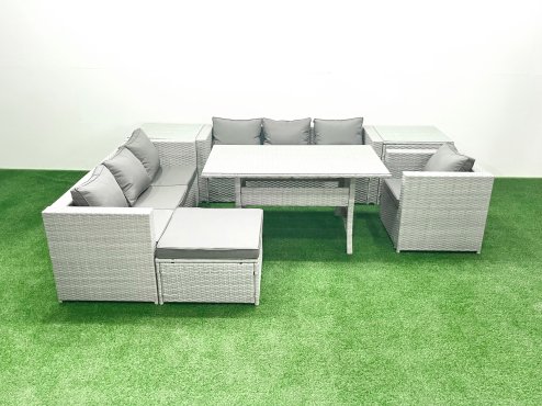 Fimous 7 Pieces Outdoor Rattan Sofa Set with Cushions Patio Garden Furniture Sets with Armchair Dining Table 2 Side Tables Big Footstool