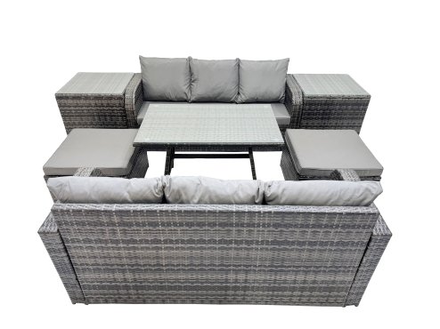 Fimous Garden Rattan Outdoor Furniture Set 8 Seater with 3 Seater Sofa 2 Side Table 2 Big Stools Dark Grey