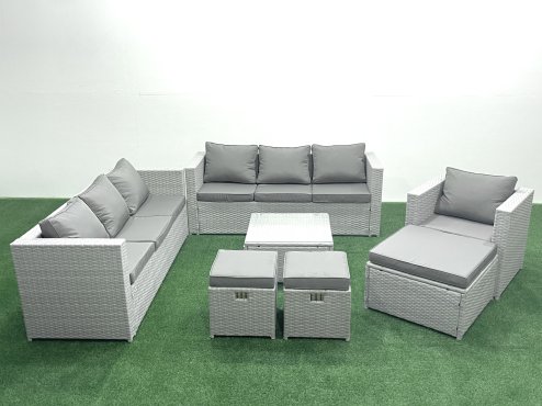 Fimous Wicker PE Rattan Sofa Garden Furniture Set with Armchair Square Coffee Table 3 Footstools Light Grey Mixed