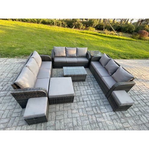 Fimous Rattan Lounge Sofa Set 12 Seater Outdoor Garden Furniture Set with Rectangular Coffee Table 3 Seater Sofa Side Table 3 Footstools Dark Grey Mixed