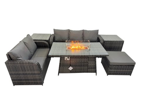 Fimous Garden Outdoor Rattan Furniture Set Rattan Love Sofa 3 Seater Sofa with Big Footstool 2 Side Tables Dark Grey Mixed