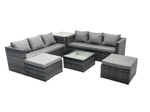 Fimous Outdoor Rattan Garden Furniture Set 8 Seater Patio Lounge Sofa Set with Square Coffee Table Side Table 2 Big Footstools Dark Grey Mixed