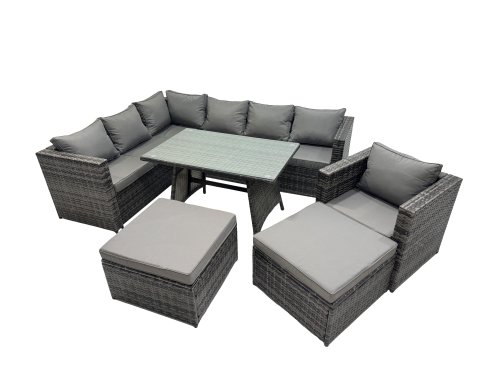 Fimous 9-seater Outdoor PE Rattan Sofa Set with Dining Table Patio Garden Furniture Sets with Chair 2 Big Stools Dark Grey Mixed