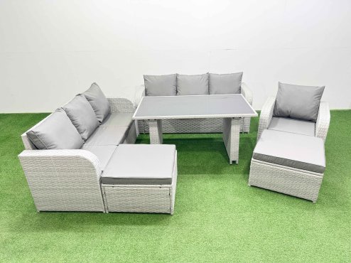 Fimous Rattan Garden Furniture Dining Set 9-seater Patio Rectangular Table Sofa Set with 2 Big Stools Light Grey