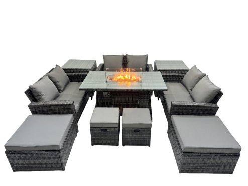 Fimous Outdoor Love Sofa Set 10 Seat Rattan Garden Furniture Set with Gas Firpit Dining Table 4 Footstools 2 Side Table Dark Grey Mixed