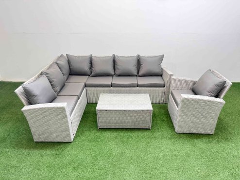 Fimous 7 Seater Garden Outdoor PE Rattan Furniture Set Rattan Garden Sofa Set with Big Footstool Light Grey Mixed