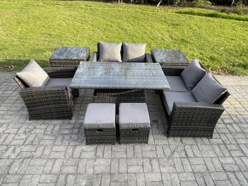 Fimous 7 Seater Outdoor Rattan Patio Furniture Set Garden Height Adjustable Rising Lifting Table Sofa Dining Set with 2 Side Tables 2 Small Footstools Dark Grey Mixed