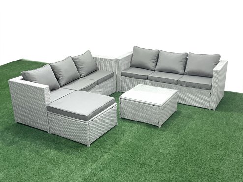 Fimous Rattan Garden Outdoor Furniture Set 7 Seater Rattan Garden Sofa Set with Big Footstool Light Grey Mixed