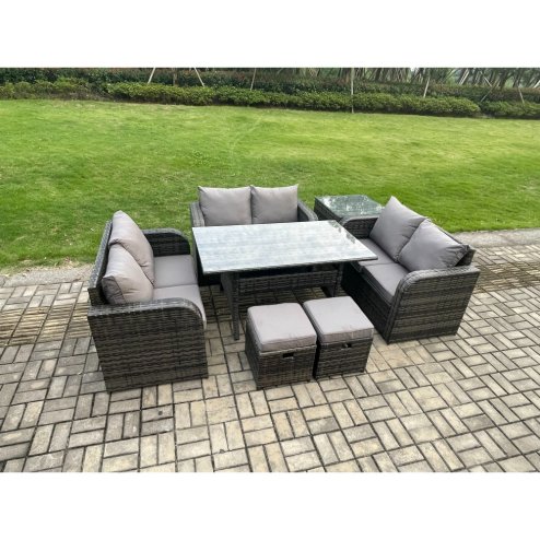 Fimous 8 Seater Outdoor Rattan Garden Furniture Set with Patio Rectangular Dining Table Love Sofa Side Table 2 Small Footstools Dark Grey Mixed