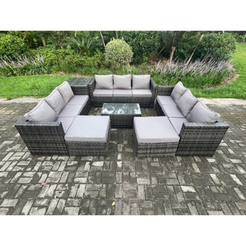 Fimous Outdoor Lounge Sofa Set Wicker PE Rattan Garden Furniture Set with Oblong Coffee Table Side Table 2 Big Footstool 11Seater Dark Grey Mixed