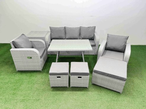 Fimous Reclining Chair 3 Seat Sofa Set Garden Furniture Set with Rectangular Dining Table Side Table 3 Footstools Light Grey