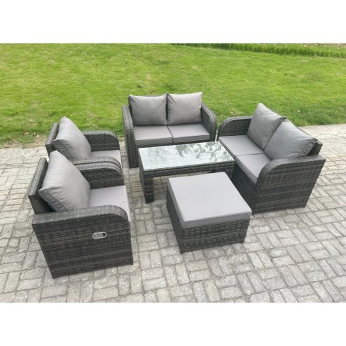 Fimous Rattan Garden Furniture Set with Rectangular Coffee Table Big Footstool 7 Seater Patio Outdoor Lounge Sofa Set