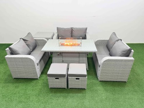 Fimous 8 Seater PE Wicker Rattan Furniture Sofa Sets with Firepit Dining Table 2 Seater Love Sofa 2 Stool Side Table Light Grey