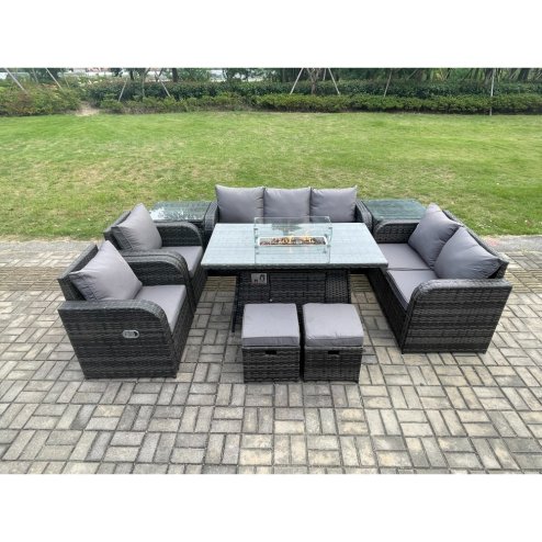 Fimous 9 Seater PE Wicker Outdoor Rattan Garden Furniture Set Propane Gas Fire Pit Table and Sofa Chair set with 2 Side Tables 2 Small Footstools