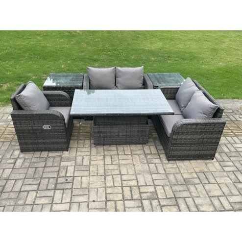 Fimous 5 Seater Rattan Furniture Garden Dining Set Outdoor Height Adjustable Rising lifting Table Love Sofa Chair With 2 Side Tables