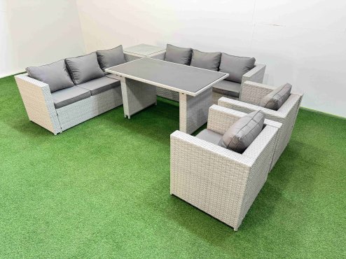 Fimous 8 Seater Wicker PE Rattan Furniture Outdoor Dining Table 3 Seater Sofa Armchair Set with Side Table Light Grey