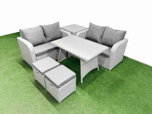 Fimous 6 Seater Outdoor Love Sofa Set Rattan Garden Furniture Set with Rectangular Dining Table Side Table 2 Small Footstool Light Grey