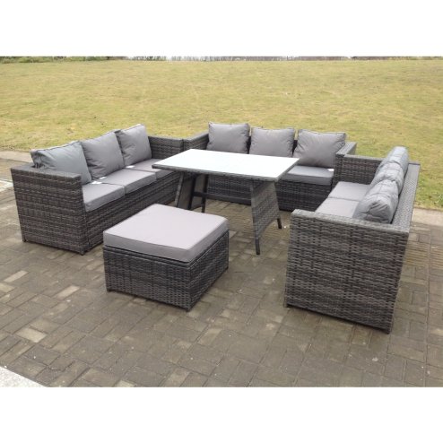Fimous Outdoor Rattan Garden Furniture Lounge Sofa Set With Oblong Dining Table With Clear Tempered Glass And Big Footstool