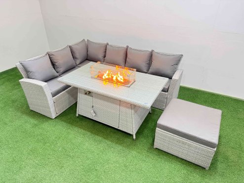 Fimous 7 Seat Rattan Garden Furniture Corner Sofa Set Outdoor Gas Fire Pit Table Sets with Big Footstool Light Grey