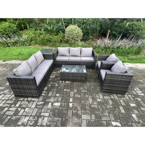 Fimous 8 Seater Outdoor Lounge Sofa Set Wicker PE Rattan Garden Furniture Set with 2 Armchair Oblong Coffee Table Side Table Dark Grey Mixed