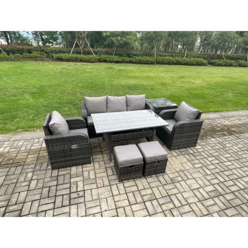 Fimous Wicker PE Rattan Garden Furniture Set Outdoor Rectangular Dining Table and Chair Sofa Set With Side Table 2 Small Footstools Dark Grey Mixed