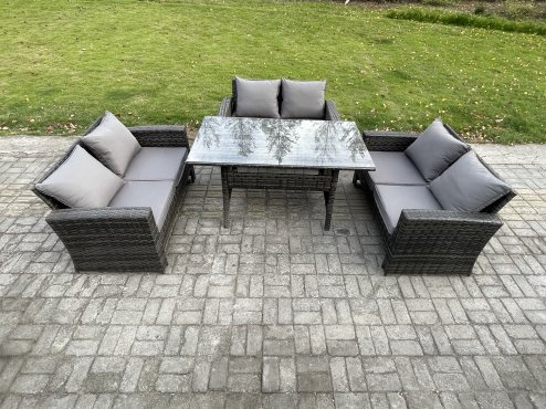 Fimous 6 Seater Rattan Wicker Garden Furniture Patio Conservatory Sofa Set Indoor Outdoor with Dining Table Double Seat Sofa