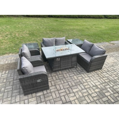 Fimous 6 Seater Rattan Garden Furniture Set Propane Gas Fire Pit Table and Sofa Chair set with 2 Side Tables