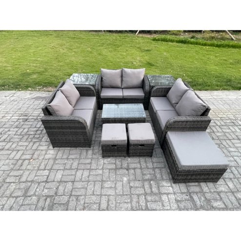 Fimous Wicker PE Rattan Garden Furniture Set Outdoor Lounge Sofa Set with Love Sofa Coffee Table 2 Side Tables 3 Footstools Dark Grey Mixed