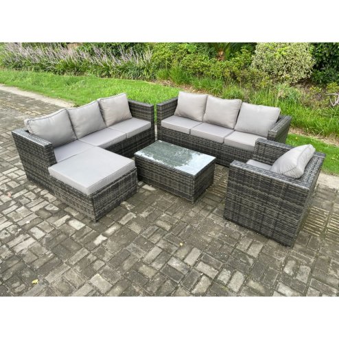 Fimous 8 Seater Rattan Garden Furniture Set Indoor Outdoor Patio Sofa Set with Oblong Coffee Table Armchair Big Footstool Dark Grey Mixed