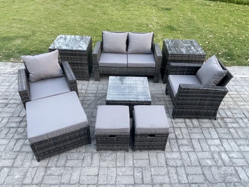 Fimous Rattan Wicker Garden Furniture Patio Conservatory Sofa Set with Square Coffee Table Armchair 2 Seater Sofa 3 Footstools 2 Side Tables