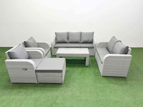 Fimous PE Rattan Garden Furniture Set Adjustable Chair Sofa Double Love Seat 2 Seater Sofa Lounge Set Rectangular Coffee Table Big Footstool Light Grey