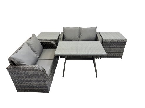 Fimous 4 Seater Garden Outdoor Rattan Furniture Set Rattan Sofa Oblong Dining Table with 2 Side Table Dark Grey