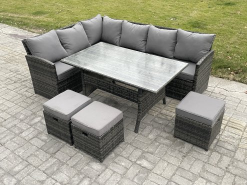 Fimous Outdoor Rattan Garden Furniture Corner Sofa Set with Rectangular Dining Table 3 Small Footstools Patio Wicker Rattan Set Dark Grey Mixed