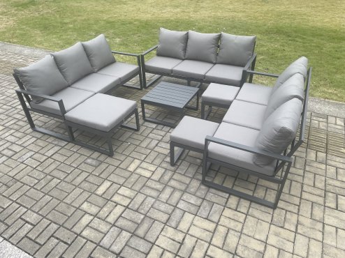 Fimous Aluminium Outdoor Garden Furniture Set Patio Lounge Sofa with Square Coffee Table 3 Footstools Conservatory Set Dark Grey