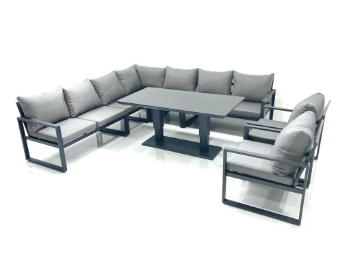 Fimous 9 Seater Outdoor Aluminum Garden Furniture Set Corner Sofa 2 Chairs Adjustable Rising Lifting Dining Table Sets Dark Grey