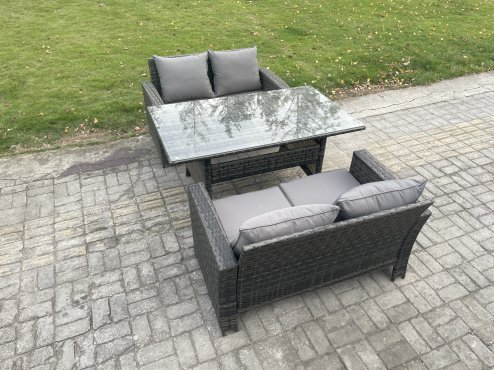 Fimous Dark Grey PE Wicker Rattan Garden Furniture Set Love Sofa Outdoor Rectangular Dining Table